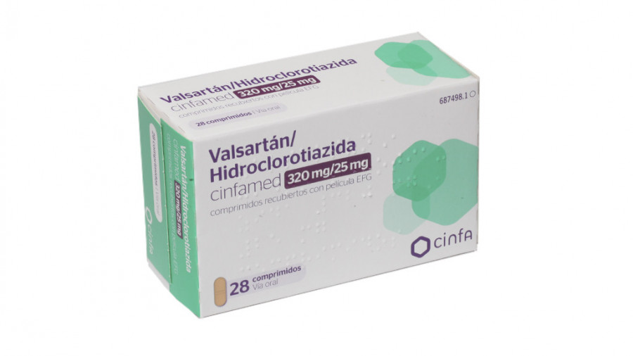 VALSARTAN/ HIDROCLOROTIAZIDA CINFAMED 320mg/25mg COMPRIMIDOS RECUBIERTOS CON PELICULA EFG , 28 comprimidos fotografía del envase.