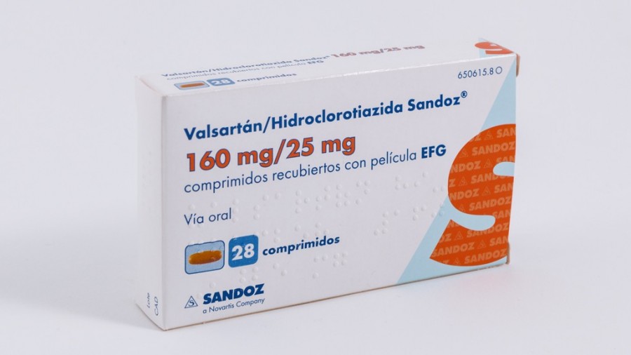 VALSARTAN/HIDROCLOROTIAZIDA SANDOZ 160 mg/25 mg COMPRIMIDOS RECUBIERTOS CON PELICULA EFG, 28 comprimidos fotografía del envase.
