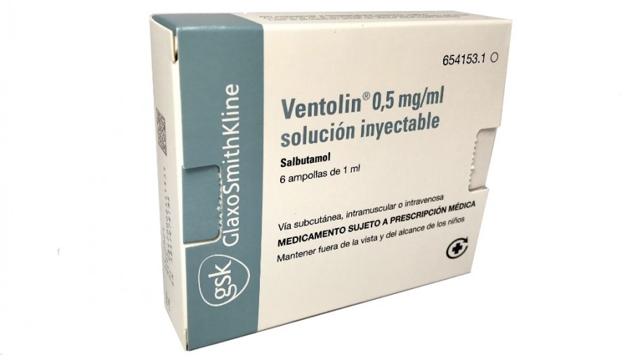 VENTOLIN 0,5 mg/ml SOLUCION INYECTABLE , 6 ampollas de 1 ml fotografía del envase.