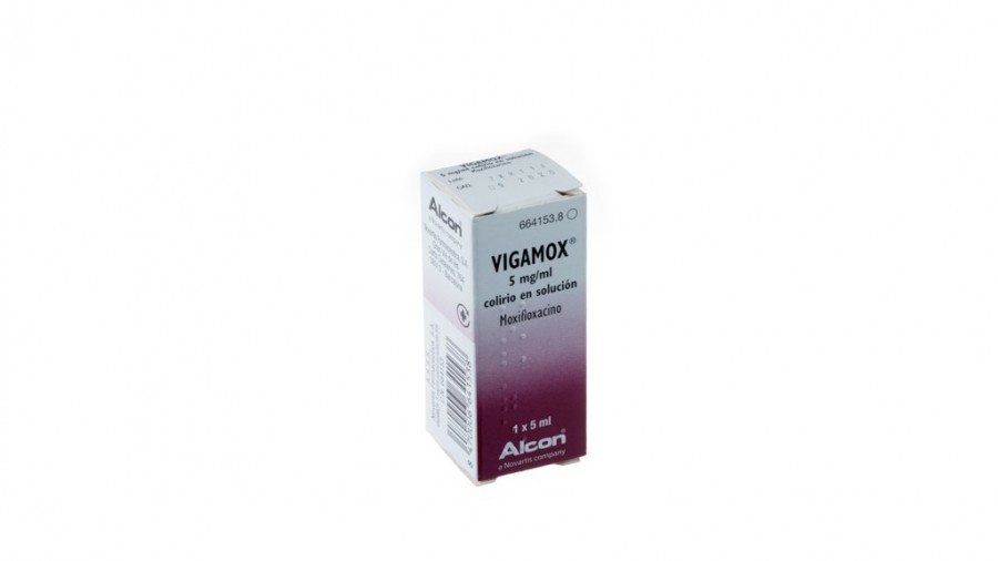 VIGAMOX 5 mg/ml COLIRIO EN SOLUCION , 1 frasco de 5 ml fotografía del envase.