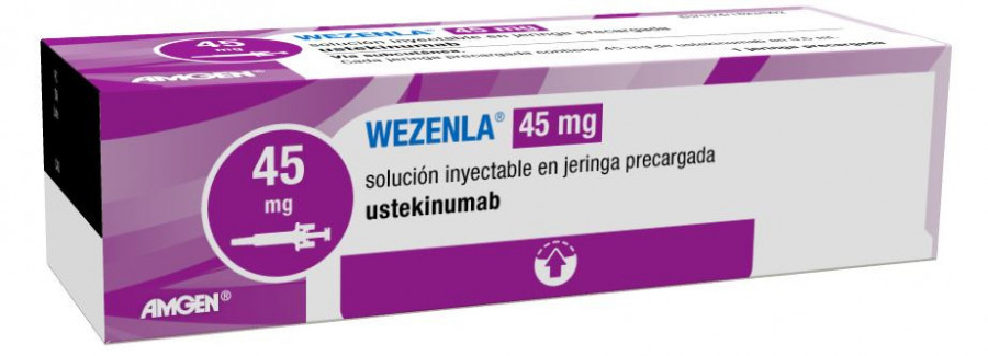 WEZENLA 45 MG SOLUCION INYECTABLE EN JERINGA PRECARGADA, 1 jeringa precargada de 0,5 ml fotografía del envase.