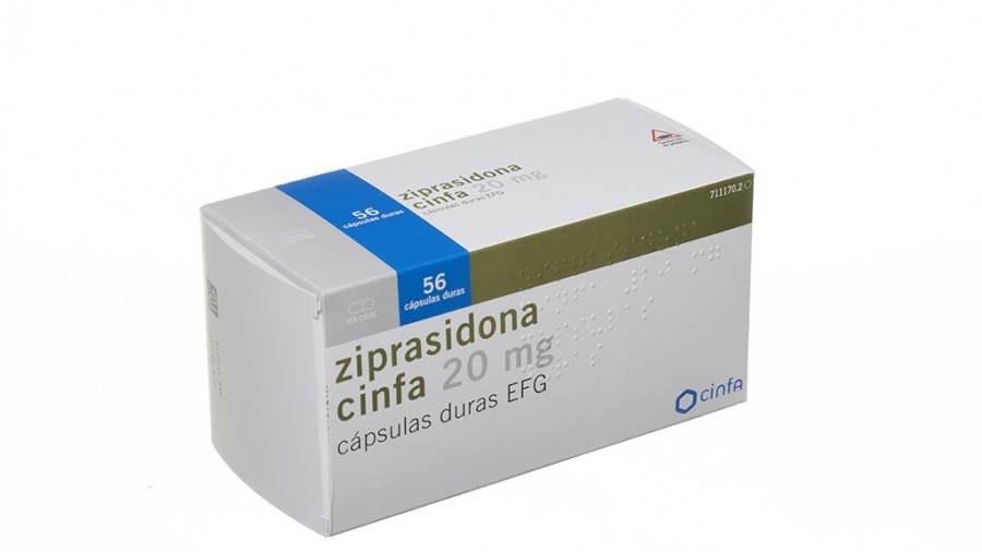 Ziprasidona cinfa 20 mg capsulas duras EFG, 56 cápsulas fotografía del envase.