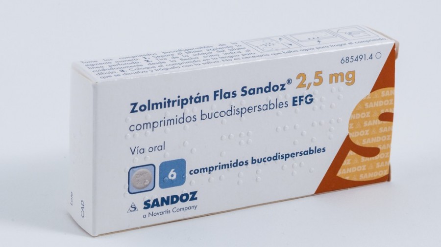 ZOLMITRIPTAN FLAS SANDOZ 2,5 mg COMPRIMIDOS BUCODISPERSABLES EFG , 6 comprimidos fotografía del envase.