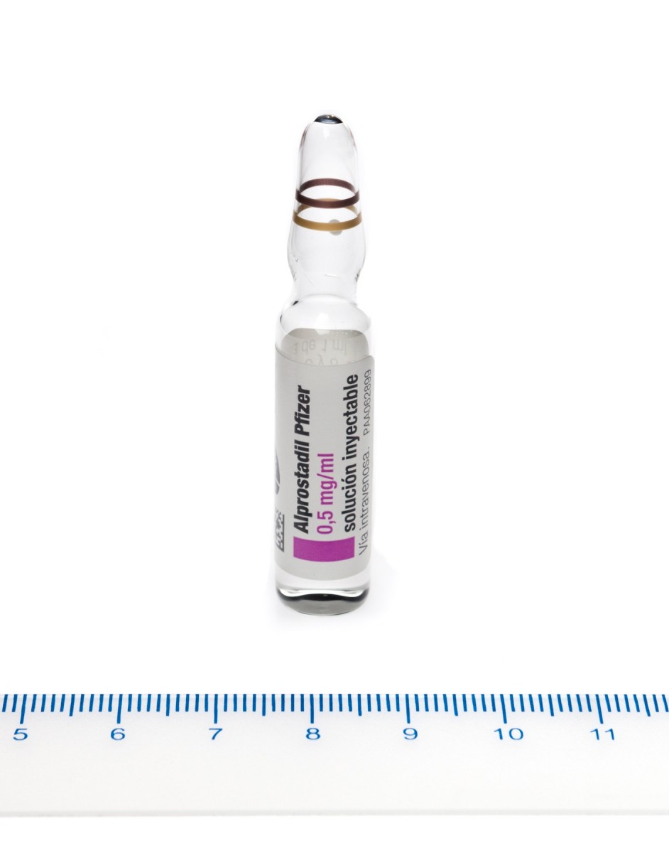 ALPROSTADIL PFIZER 0,5 mg/ml SOLUCION INYECTABLE , 5 ampollas de 1 ml fotografía de la forma farmacéutica.