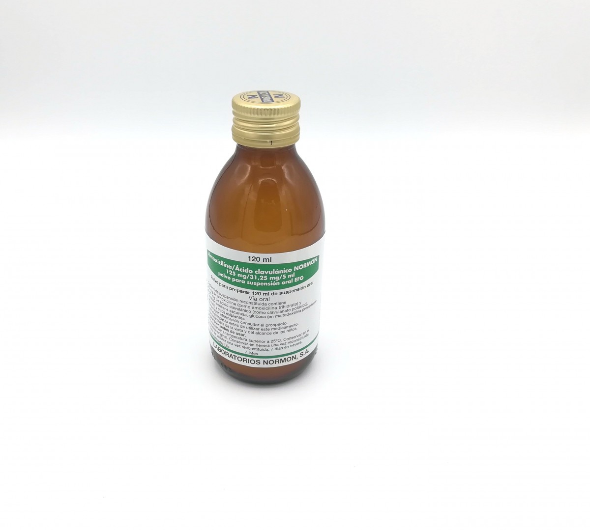 AMOXICILINA/ACIDO CLAVULANICO NORMON 125 mg/31,25 mg/5 ml POLVO PARA SUSPENSION ORAL EFG, 20 frascos de 120 ml fotografía de la forma farmacéutica.