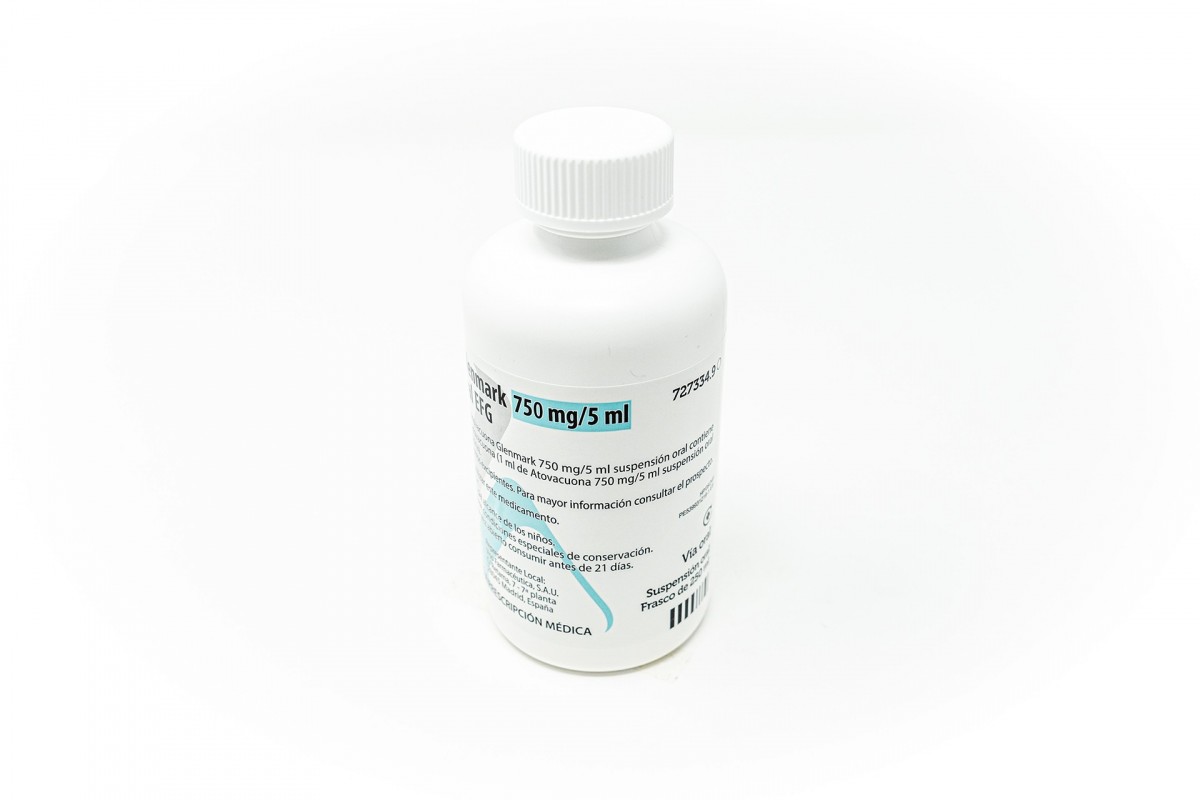 ATOVACUONA GLENMARK 750 MG/5 ML SUSPENSION ORAL EFG, 1 frasco de 226 ml fotografía de la forma farmacéutica.