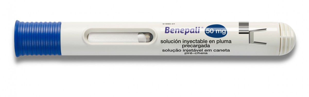 Benepali 50mg solucion inyectable en pluma precargada 4 plumas precargadas fotografía de la forma farmacéutica.