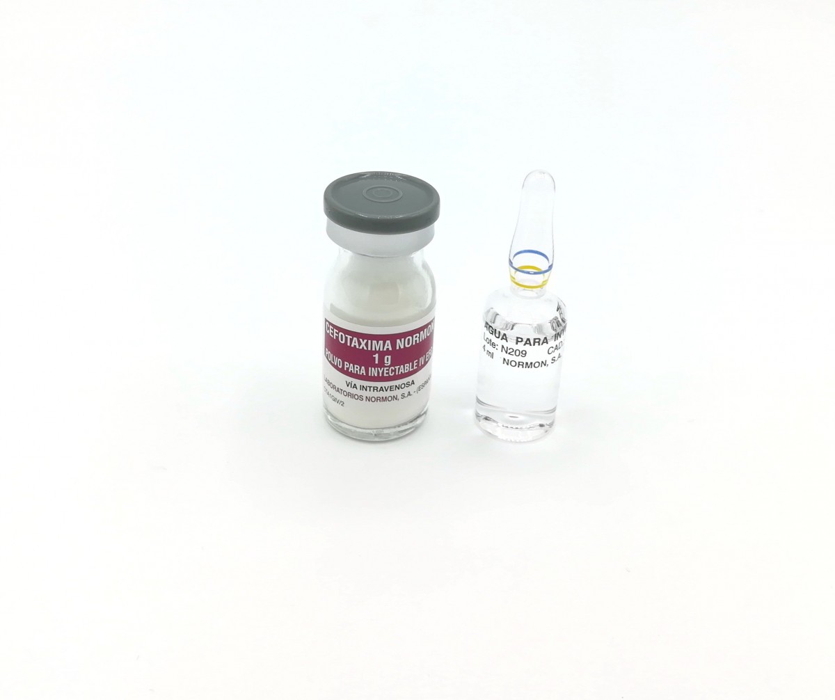 CEFOTAXIMA NORMON 1 g POLVO Y DISOLVENTE PARA SOLUCION INYECTABLE IV EFG, 1 vial + 1 ampolla de disolvente fotografía de la forma farmacéutica.