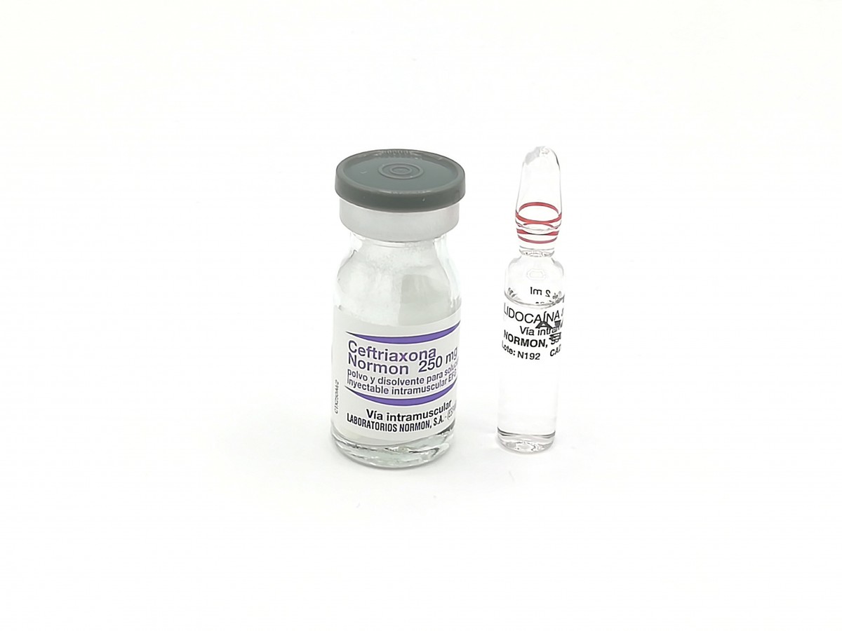 CEFTRIAXONA NORMON 250 mg POLVO Y DISOLVENTE PARA SOLUCIÓN INYECTABLE INTRAMUSCULAR EFG , 1 vial + 1 ampolla de disolvente fotografía de la forma farmacéutica.