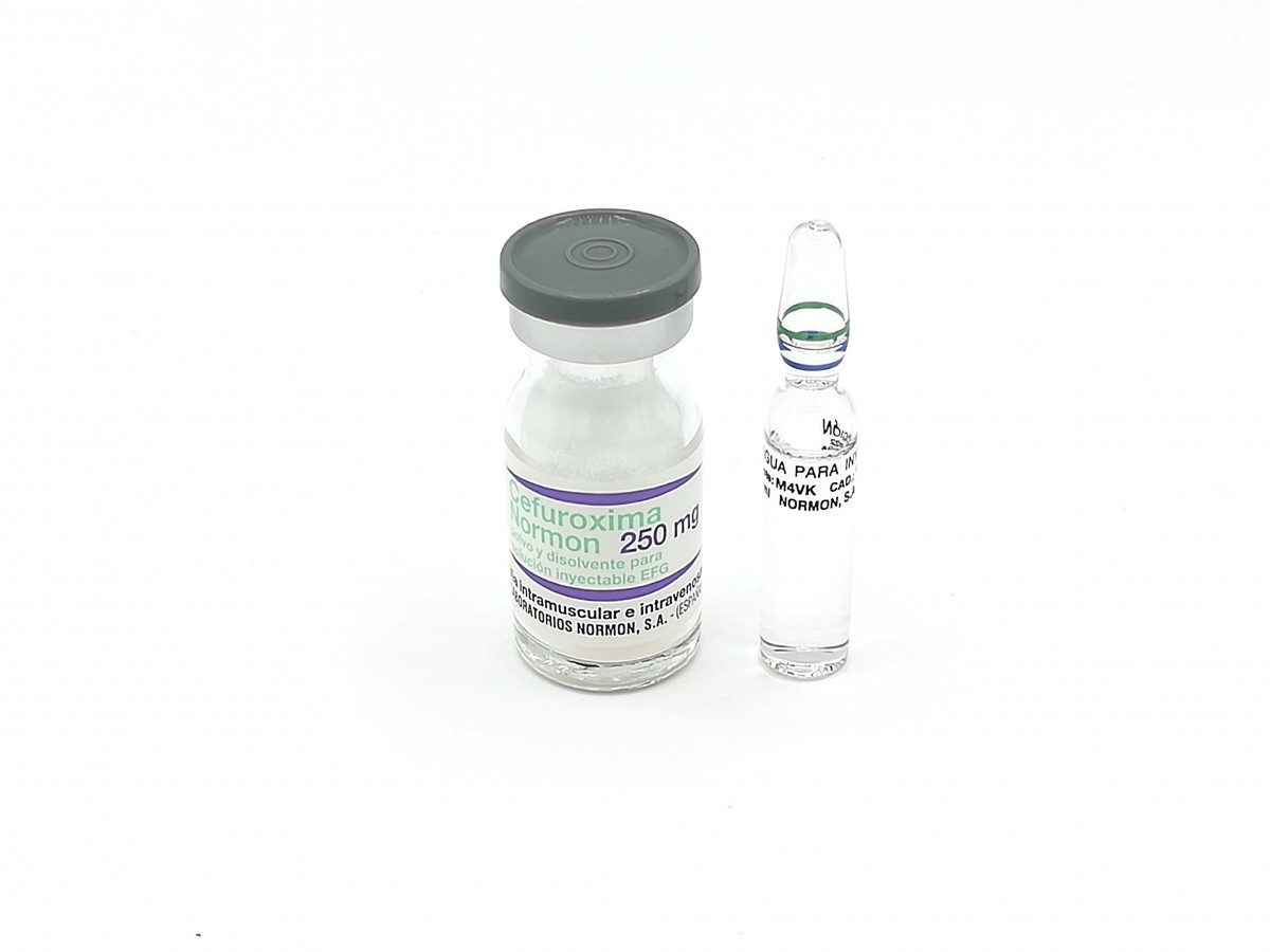 CEFUROXIMA NORMON 250 mg POLVO Y DISOLVENTE PARA SOLUCION INYECTABLE EFG , 100 viales + 100 ampollas de disolvente fotografía de la forma farmacéutica.