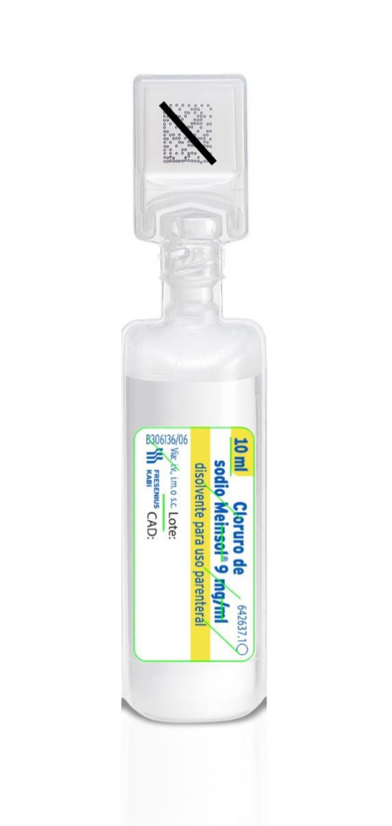 CLORURO DE SODIO MEINSOL 9 mg/ml DISOLVENTE PARA USO PARENTERAL , 50 ampollas de 5 ml fotografía de la forma farmacéutica.