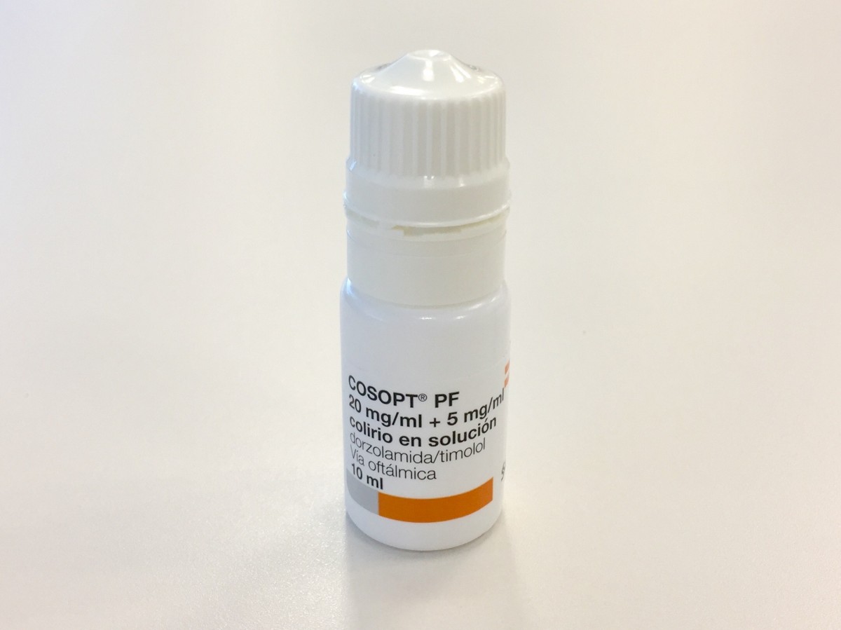 COSOPT PF 20 MG/ML + 5 MG/ML COLIRIO EN SOLUCION, 1 frasco de 10 ml fotografía de la forma farmacéutica.