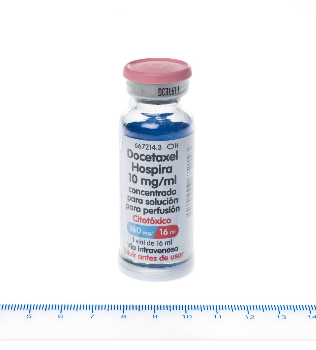 DOCETAXEL HOSPIRA 10 mg/ml CONCENTRADO PARA SOLUCION PARA PERFUSION, 1 vial de 16 ml fotografía de la forma farmacéutica.
