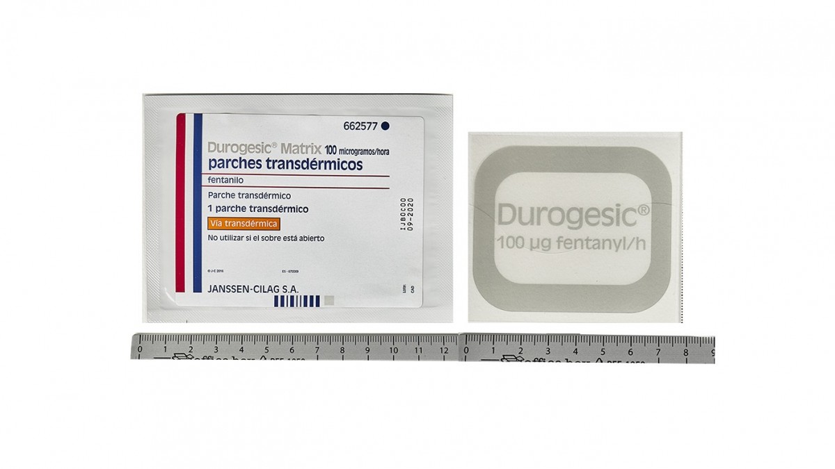 DUROGESIC MATRIX 100 microgramos/H PARCHES TRANSDERMICOS , 5 parches fotografía de la forma farmacéutica.