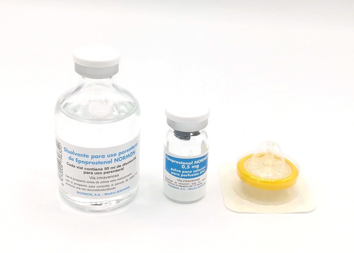 EPOPROSTENOL NORMON 0,5 mg POLVO Y DISOLVENTE PARA SOLUCION PARA PERFUSION EFG, 1 vial + 1 vial de disolvente fotografía de la forma farmacéutica.