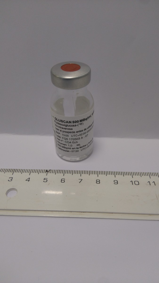 GLUSCAN 500 MBq/ml SOLUCION INYECTABLE , 1 vial de 250 MBq - 5 GBq en fecha y hora de calibración fotografía de la forma farmacéutica.