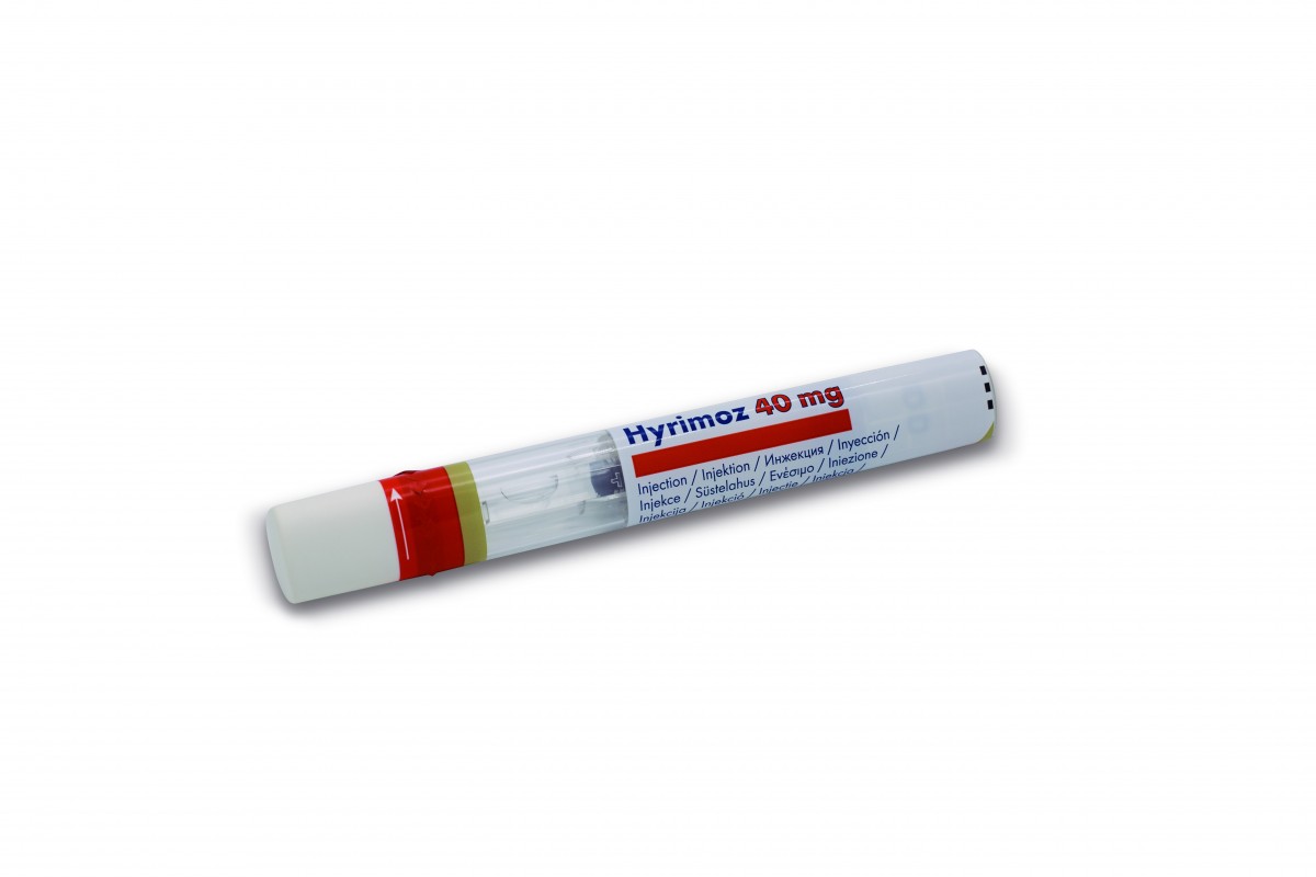 HYRIMOZ 40 MG SOLUCION INYECTABLE EN PLUMA PRECARGADA, 2 plumas precargadas de 0,8 ml fotografía de la forma farmacéutica.