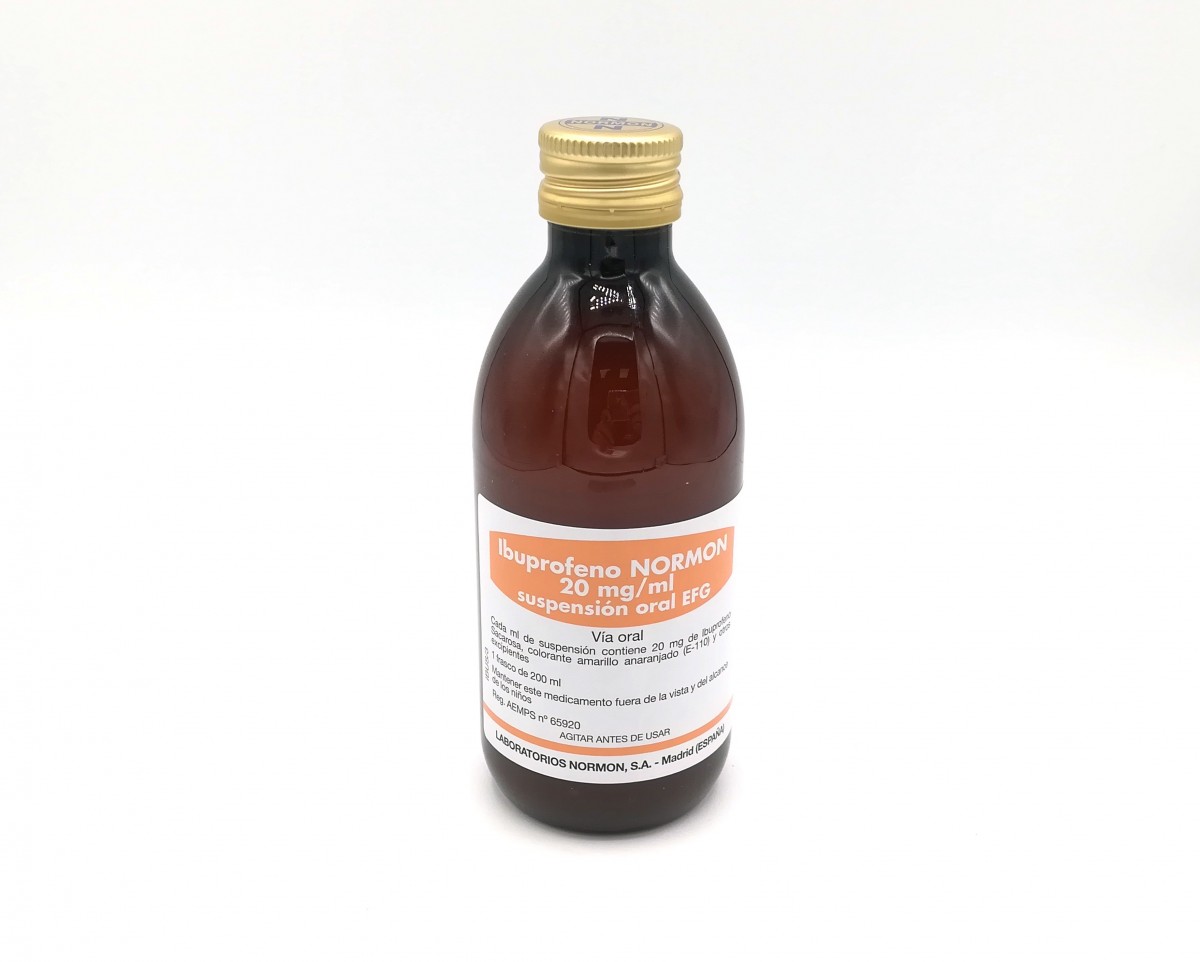 IBUPROFENO NORMON 20 mg/ml SUSPENSION ORAL EFG , 1 frasco de 200 ml fotografía de la forma farmacéutica.