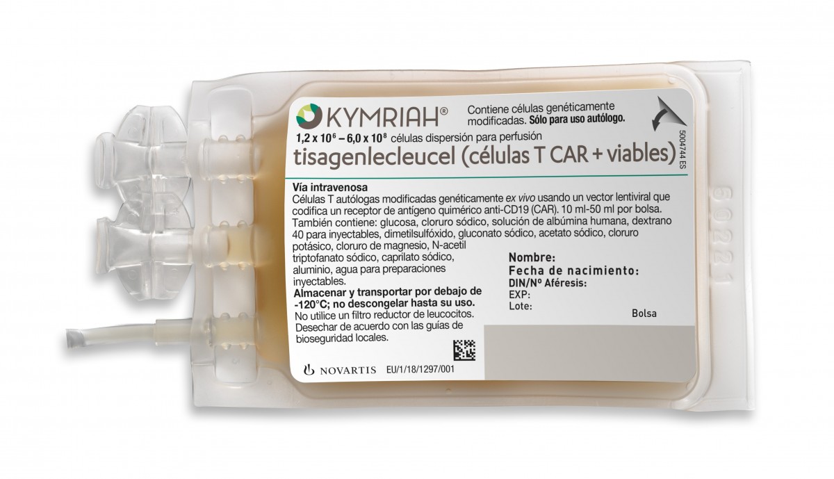 KYMRIAH 1,2 x 10e6 - 6,0 x 10e8 celulas dispersion para perfusion 1-3 bolsas de perfusión (1 dosis de tratamiento individual) fotografía de la forma farmacéutica.