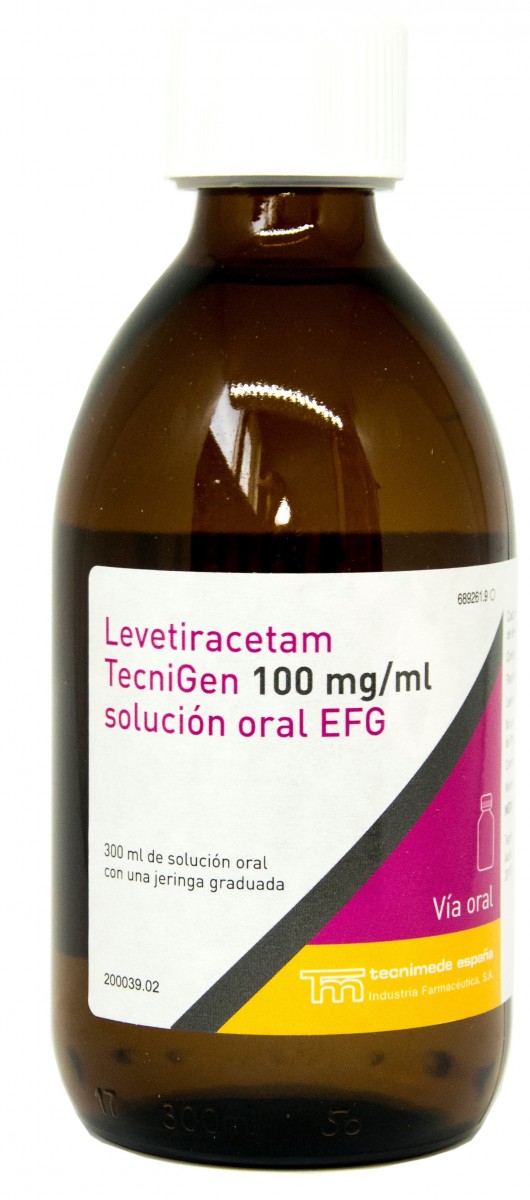 LEVETIRACETAM TECNIGEN 100  mg/ml  SOLUCION ORAL EFG, 1 frasco de 300 ml con jeringa oral de 12 ml fotografía de la forma farmacéutica.