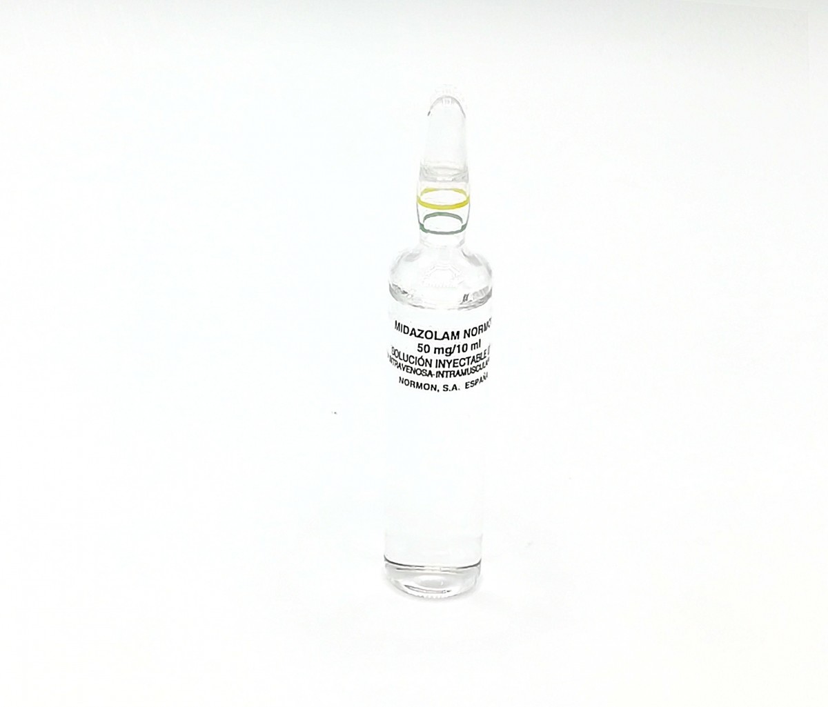 MIDAZOLAM NORMON 50 mg/10 ml SOLUCION INYECTABLE EFG, 50 ampollas de 10 ml fotografía de la forma farmacéutica.