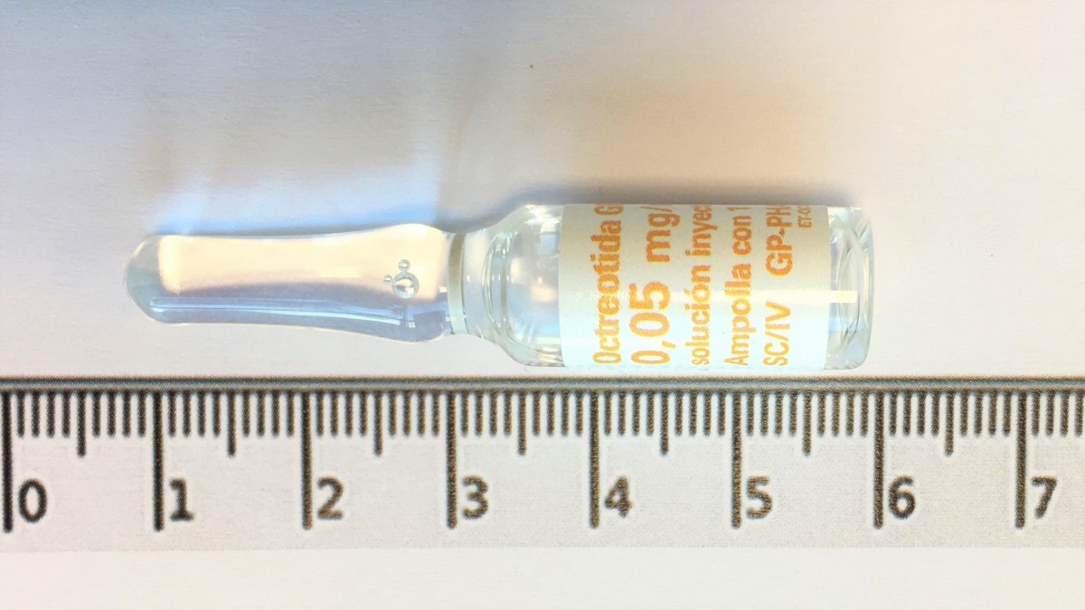 OCTREOTIDA GP-PHARM  0,0 5 mg/ml SOLUCION INYECTABLE Y PARA PERFUSION EFG , 5 ampollas de 1 ml fotografía de la forma farmacéutica.