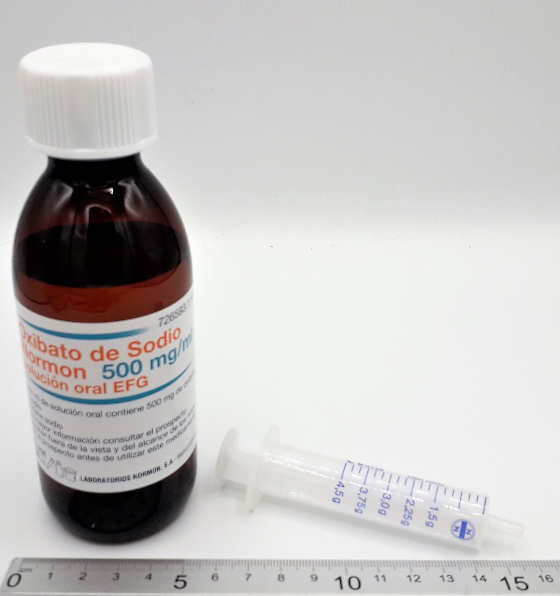 OXIBATO DE SODIO NORMON 500 MG/ML SOLUCION ORAL EFG, 1 frasco de 180 ml fotografía de la forma farmacéutica.