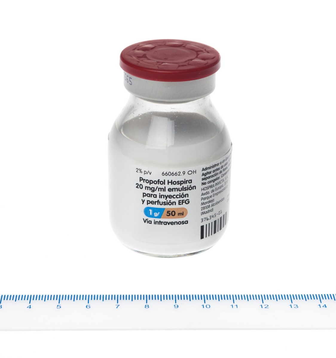 PROPOFOL HOSPIRA 20 mg/ml EMULSION PARA INYECCION Y PERFUSION EFG, 1 vial de 50 ml fotografía de la forma farmacéutica.