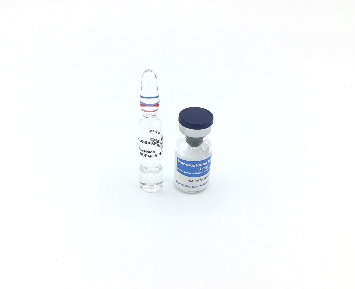 SOMATOSTATINA NORMON 3 mg POLVO Y DISOLVENTE PARA SOLUCION PARA PERFUSION EFG, 1 vial + 1 ampolla de disolvente fotografía de la forma farmacéutica.