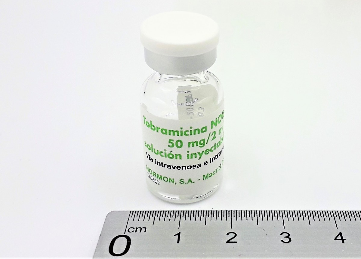 TOBRAMICINA NORMON 50 mg/2 ml SOLUCION INYECTABLE EFG, 1 vial de 2 ml fotografía de la forma farmacéutica.