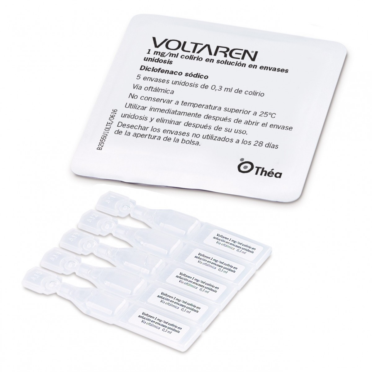 VOLTAREN 1 mg/ml COLIRIO EN SOLUCION EN ENVASES UNIDOSIS, 40 envases unidosis de 0,3 ml fotografía de la forma farmacéutica.