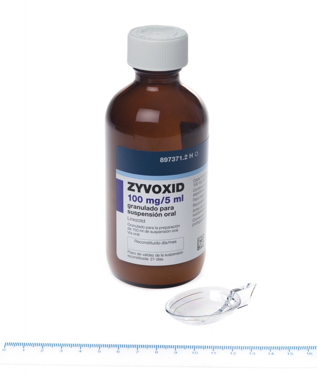ZYVOXID 100 mg/5 ml GRANULADO PARA SUSPENSION ORAL, 1 frasco de 150 ml fotografía de la forma farmacéutica.