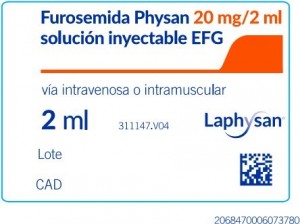 FUROSEMIDA PHYSAN 20mg/2ml SOLUCIÓN INYECTABLE EFG , 5 ampollas de 2 ml fotografía de la forma farmacéutica.
