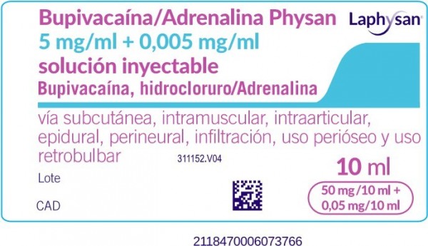 BUPIVACAÍNA/ADRENALINA PHYSAN 5 MG/ML + 0,005 MG/ML SOLUCIÓN INYECTABLE, 50 ampollas de 10 ml fotografía de la forma farmacéutica.