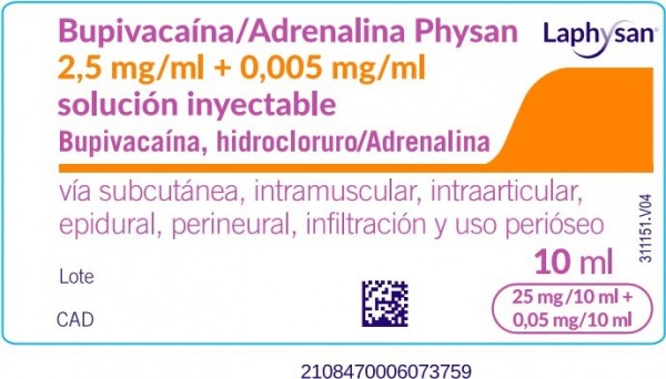 BUPIVACAÍNA/ADRENALINA PHYSAN 2,5 MG/ML + 0,005 MG/ML SOLUCIÓN INYECTABLE, 50 ampollas de 10 ml fotografía de la forma farmacéutica.