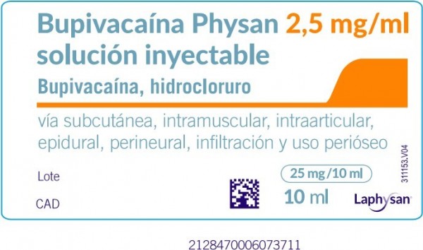 BUPIVACAINA PHYSAN 2,5 MG/ML SOLUCION INYECTABLE 50 ampollas de 10  ml fotografía de la forma farmacéutica.