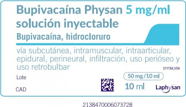 BUPIVACAINA PHYSAN 5 MG/ML SOLUCIÓN INYECTABLE 50 ampollas de 10 ml fotografía de la forma farmacéutica.