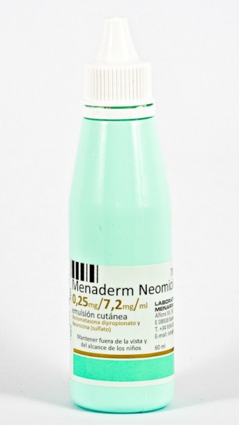 MENADERM NEOMICINA 0,25 mg/ 7,2 mg/ ml EMULSION CUTANEA , 1 frasco de 60 ml fotografía de la forma farmacéutica.