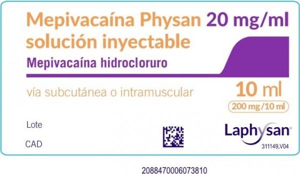 MEPIVACAINA PHYSAN 20 mg/ml SOLUCION INYECTABLE , 100 ampollas de 10 ml fotografía de la forma farmacéutica.