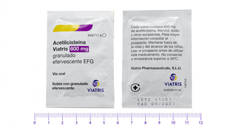 ACETILCISTEINA VIATRIS 600 MG GRANULADO EFERVESCENTEL EFG, 20 sobres fotografía de la forma farmacéutica.