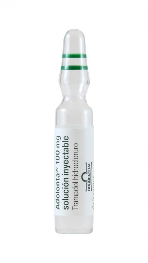 ADOLONTA 100 mg/2 ml  SOLUCION INYECTABLE Y PARA PERFUSION , 5 ampollas de 2 ml fotografía de la forma farmacéutica.