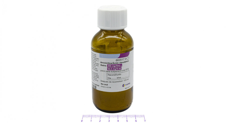 AMOXICILINA/ACIDO CLAVULANICO VIATRIS 250 MG/5ML + 62,5 MG/5 ML POLVO PARA SUSPENSION ORAL EFG, 1 frasco de 120 ml fotografía de la forma farmacéutica.