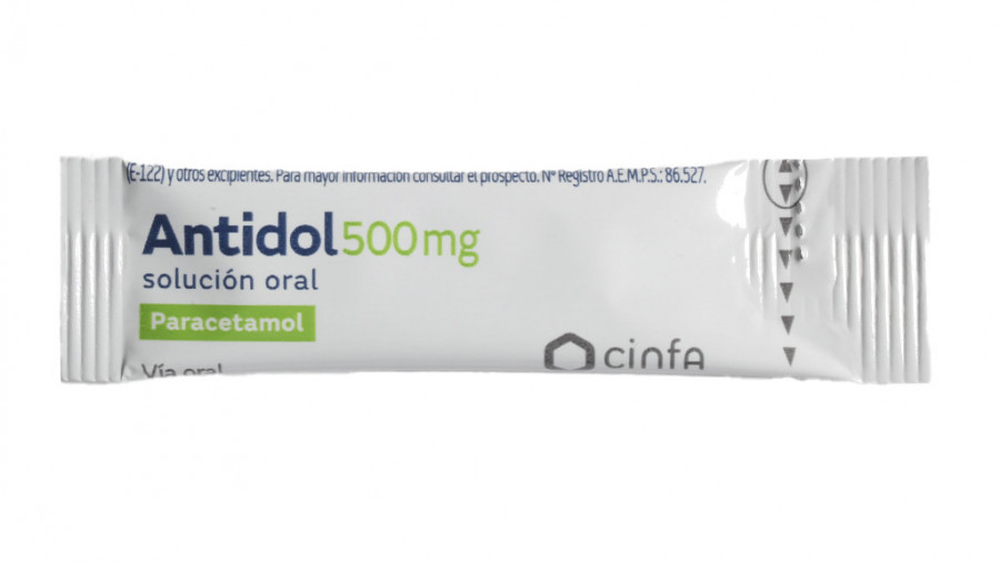 ANTIDOL 500 MG SOLUCION ORAL, 20 sobres fotografía de la forma farmacéutica.