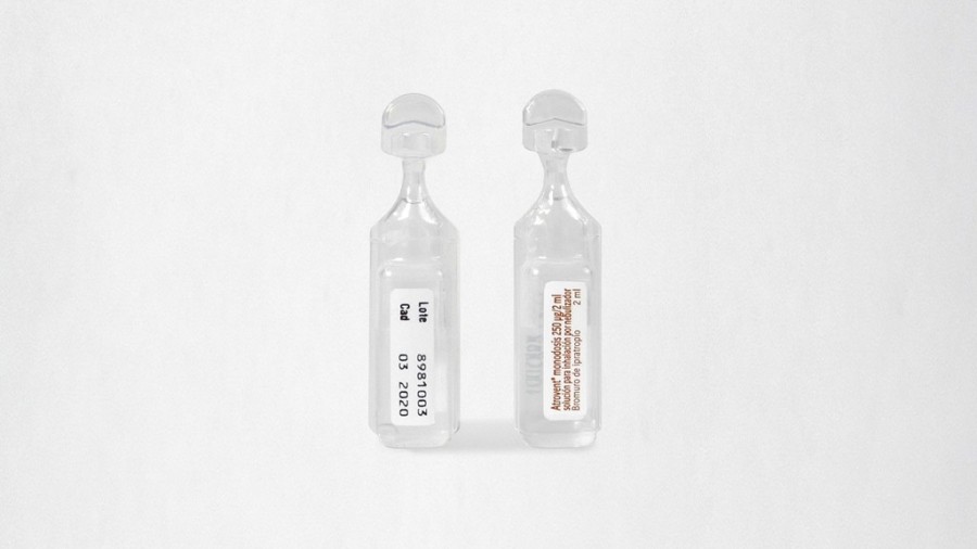ATROVENT MONODOSIS 250 mcg / 2ml SOLUCION PARA INHALACION POR NEBULIZADOR , 100 ampollas de 2 ml fotografía de la forma farmacéutica.