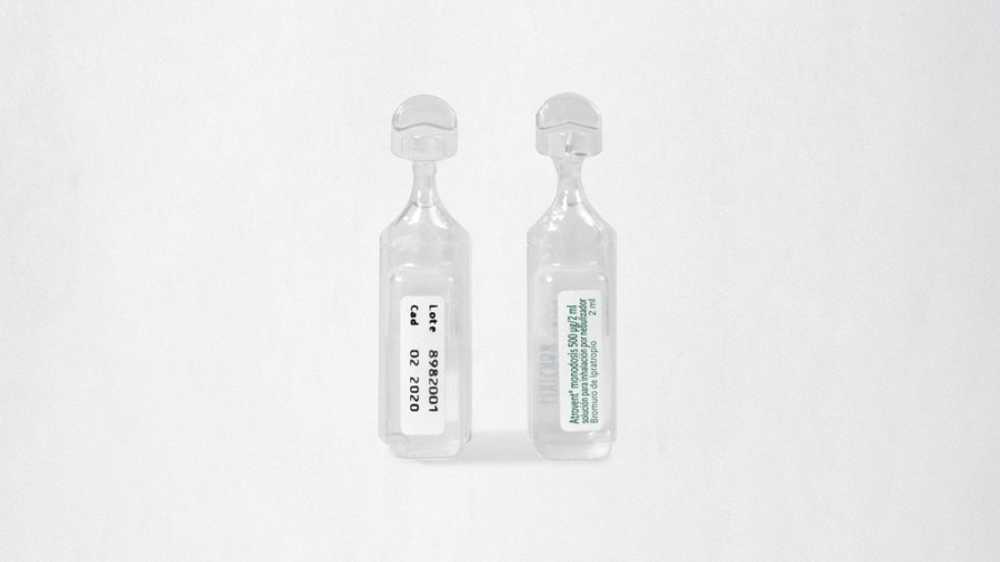 ATROVENT MONODOSIS 500 mcg/ 2ml SOLUCION PARA INHALACION POR NEBULIZADOR, 20 ampollas de 2 ml fotografía de la forma farmacéutica.