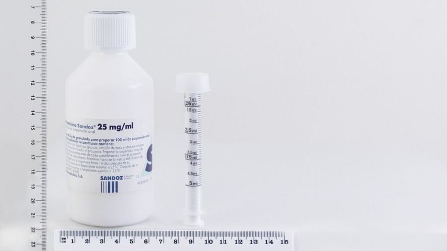 CLARITROMICINA SANDOZ 25 mg/ml GRANULADO PARA SUSPENSION ORAL , 1 frasco de 100 ml fotografía de la forma farmacéutica.