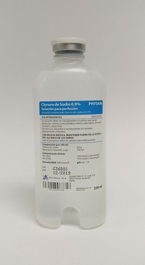 CLORURO DE SODIO PHYSAN 0,9%  SOLUCION PARA PERFUSION , 1 frasco de 100 ml conteniendo 50 ml (VIDRIO) fotografía de la forma farmacéutica.