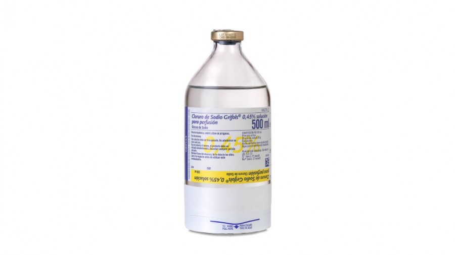 CLORURO DE SODIO GRIFOLS 0,45 % SOLUCIÓN PARA PERFUSIÓN, 20 frascos de 100 ml fotografía de la forma farmacéutica.