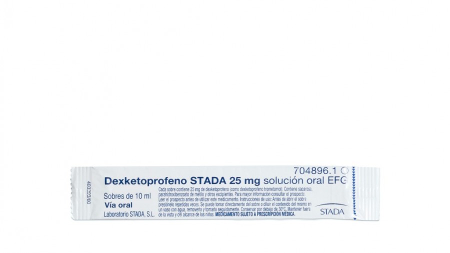 DEXKETOPROFENO STADAPHARM 25 MG SOLUCION ORAL EFG, 20 sobres de 10 ml fotografía de la forma farmacéutica.