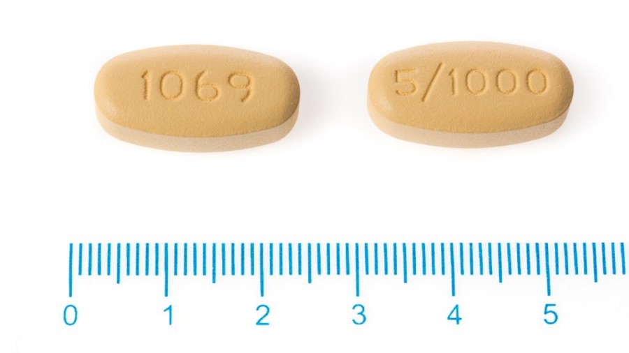 EBYMECT 5 MG/1.000 MG COMPRIMIDOS RECUBIERTOS CON PELICULA, 56 comprimidos recubiertos con película fotografía de la forma farmacéutica.